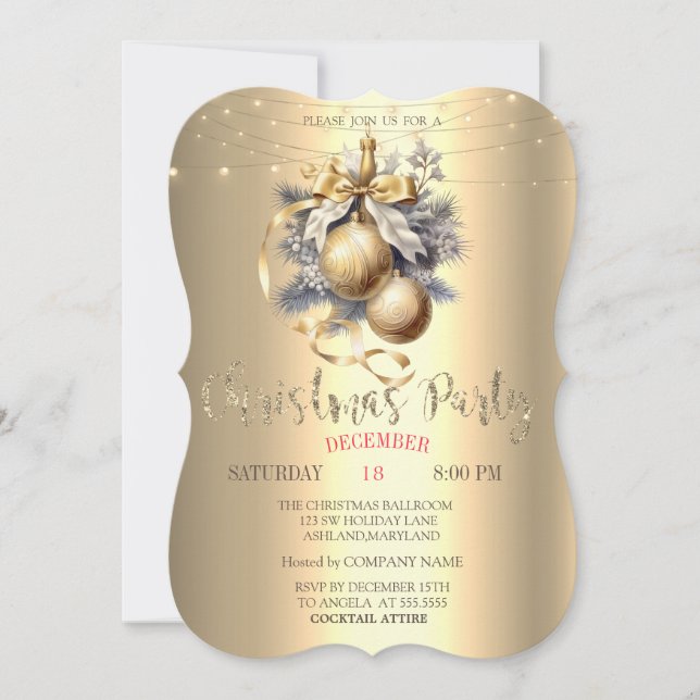 Convites Bolas de Ouro Elegantes,Luzes de Natal Douradas  (Frente)