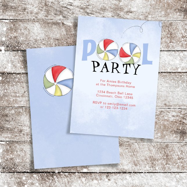 Convites Bolas de Praia Personalizadas para Festa de Piscin (Pool party custom invitation template)