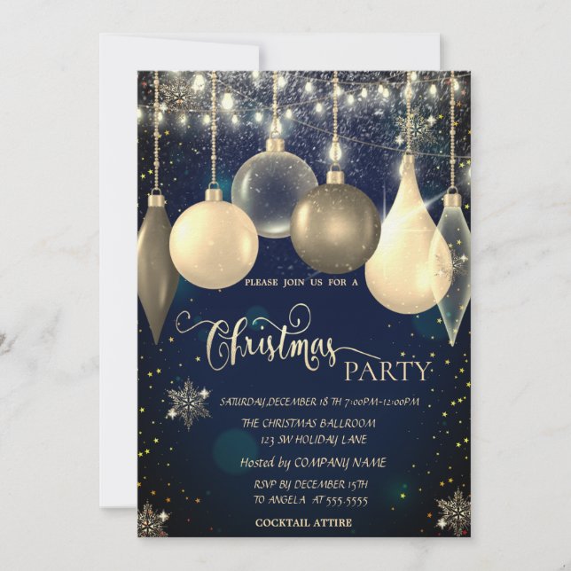 Convites Bolas Elegantes, Luzes Natal Azul (Frente)