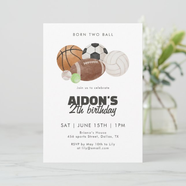Convites Bolas Esportivas Born Two Ball Aniversário de 2 An (Em pé/Frente)