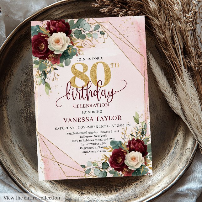 Convites Bold Boho Deep Red Dourado Flores 80 de Aniversári (Bold Boho Deep Red Gold Flowers 80th Birthday Invitation)