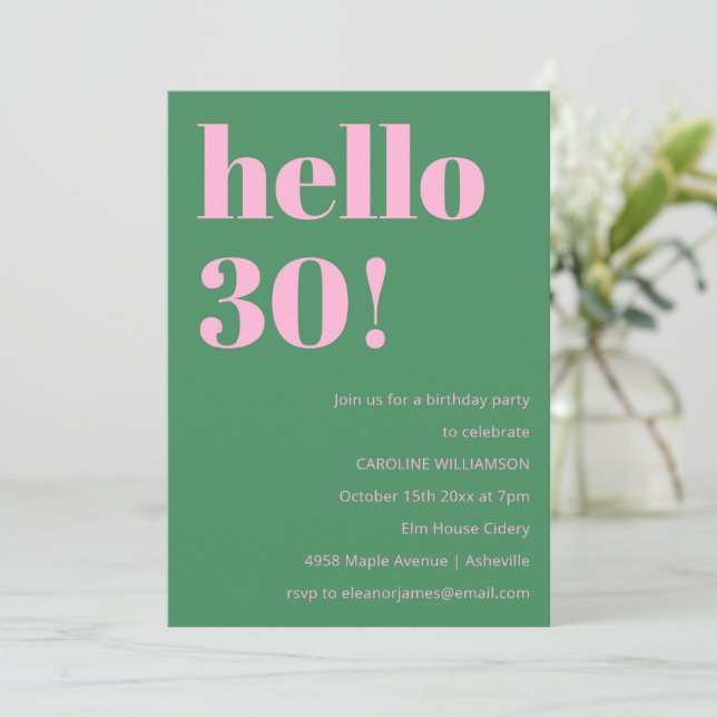 Convites Bold Bright Modern Retro Pink Green 30th Birthday (Em pé/Frente)
