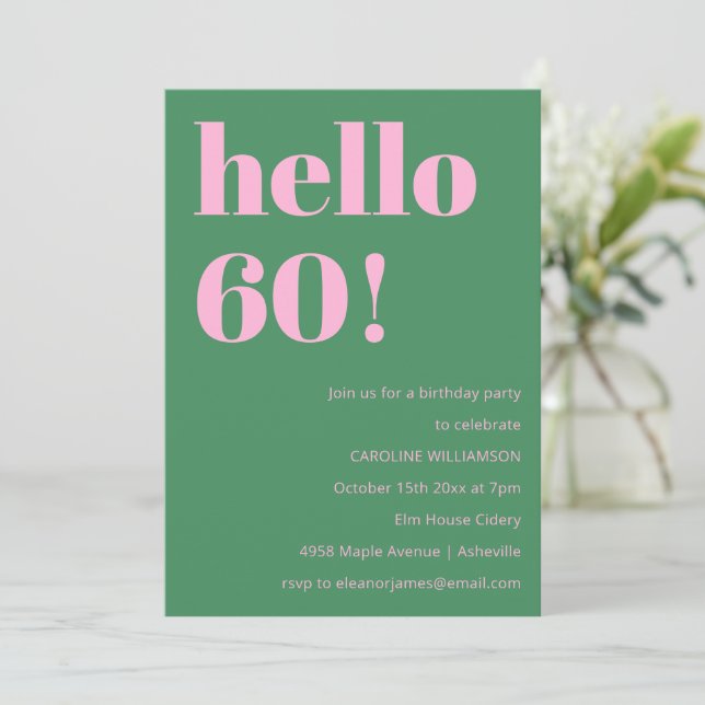 Convites Bold Bright Modern Retro Pink Green 60th Birthday (Em pé/Frente)
