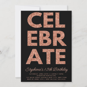 Convites Bold CELEBRATE Black, Rosa Dourado Glitter Birday