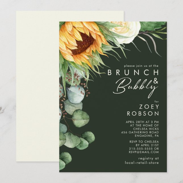 Convites Bold Country Sunflower Dark Green Brunch e Bubble (Frente/Verso)