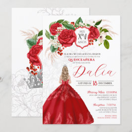 Convites Bold Elegance Rosas vermelhas Floral Crest Quincea