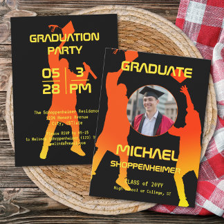 Convites Bold Graphic Orange Black Graduation Party Photo