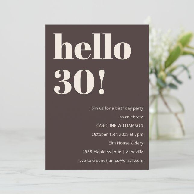 Convites Bold Modern Simple Brown 30th Birthday Party (Em pé/Frente)