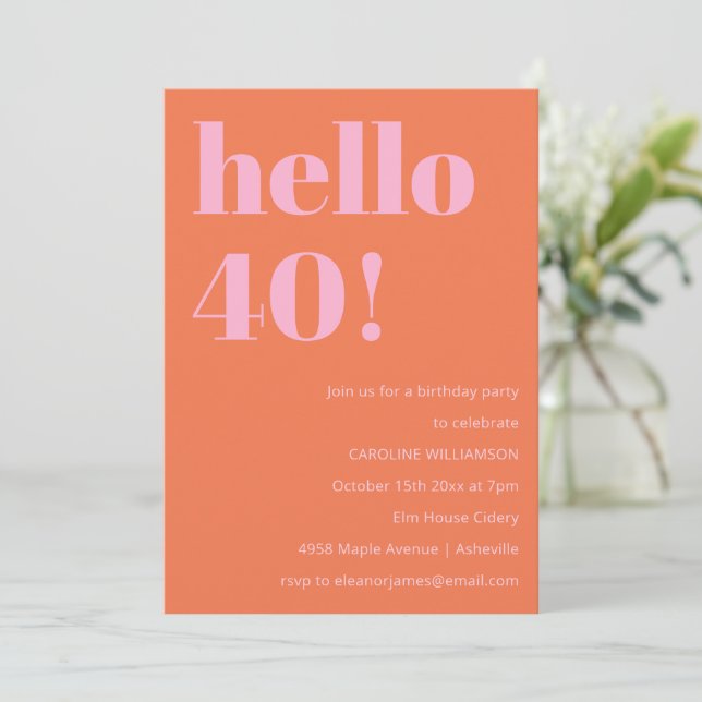 Convites Bold Modern Simple Orange Pink 40th Birthday Party (Em pé/Frente)