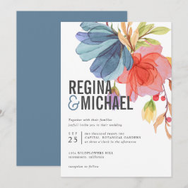 Convites Bold Modern Watercolor Azul, casamento com flores 