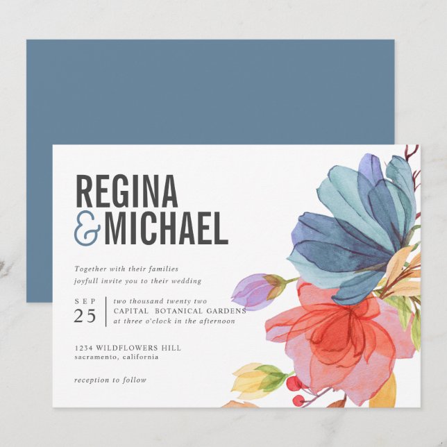 Convites Bold Modern Watercolor Casamento azul de flores se (Frente/Verso)