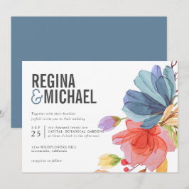 Convites Bold Modern Watercolor Casamento azul de flores se
