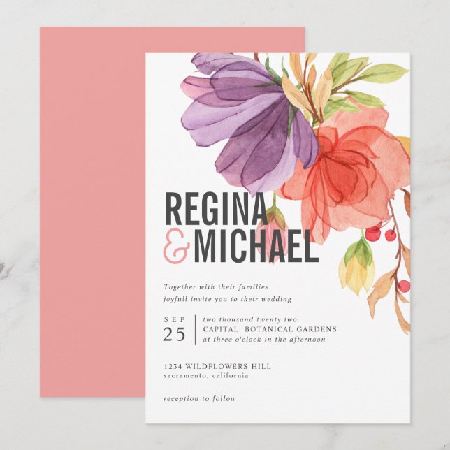 Convites Bold Modern Watercolor Casamento de flores selvage (Frente/Verso)