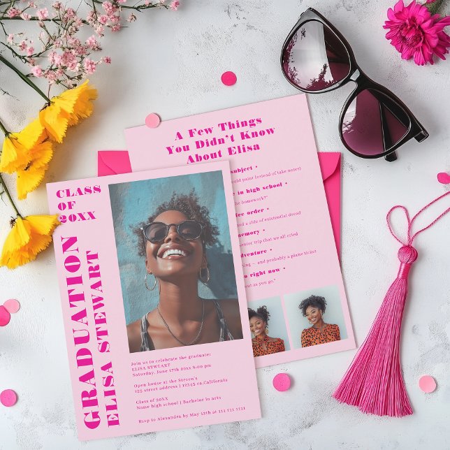 Convites Bold Neon Retro Pink Modern 4 Fotos Graduação (Bold Neon Retro Pink Modern 4 photos Graduation Invitation)
