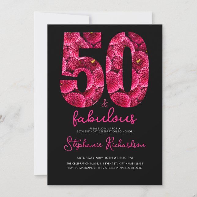 Convites Bold Pink Floral 50 and Fabulous Birthday Party (Frente)