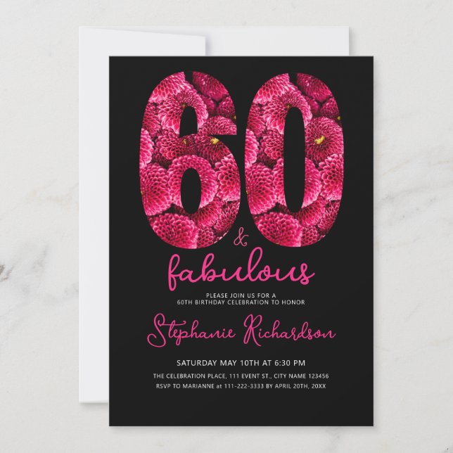 Convites Bold Pink Floral 60 and Fabulous Birthday Party (Frente)
