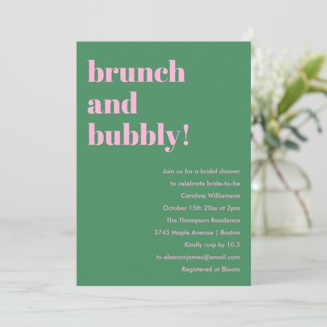 Convites Bold Pink Green Modern Brunch Bubbly Bridal Shower (Em pé/Frente)