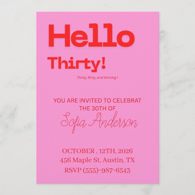 Convites Bold Pink Red 30th Birthday Invite (Frente)