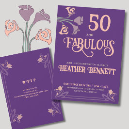 Convites Bold Purple Art Nouveau 50 and Fabulous Birthday