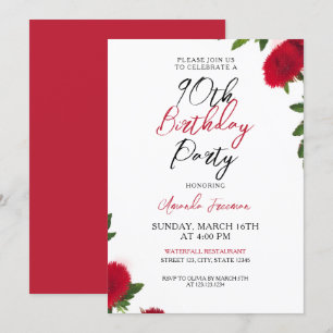 Convites Bold Red Flowers Feminina 90 Aniversário
