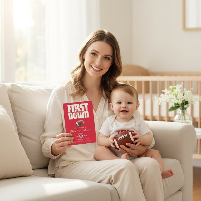 Convites Bold Red Football First Birthday Party Invite (Criador carregado)