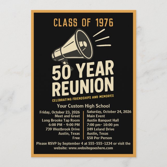 Convites Bold Retro Megaphone 50 Year High School Reunion (Frente)