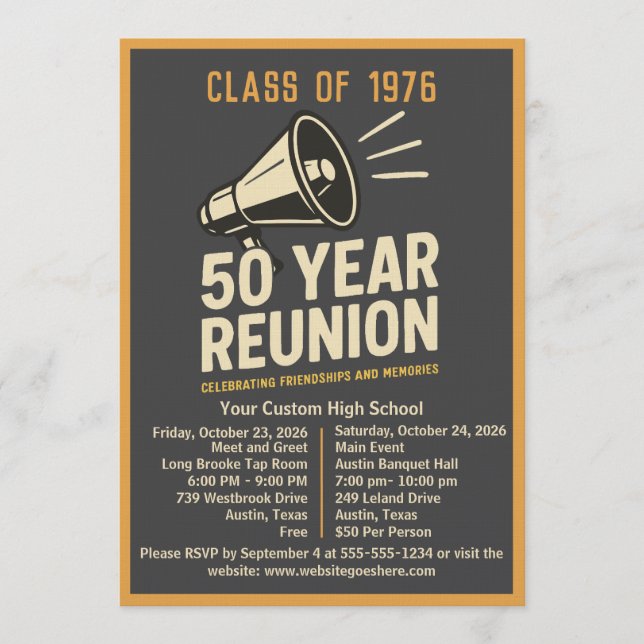 Convites Bold Retro Megaphone 50 Year High School Reunion (Frente)
