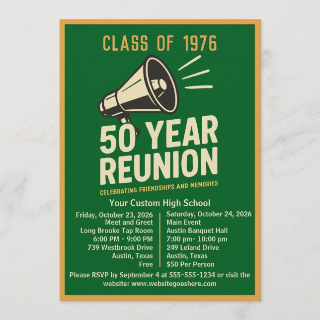 Convites Bold Retro Megaphone 50 Year High School Reunion (Frente)