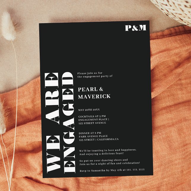 Convites Bold, simples festa de noivado de casamento branco (Bold simple white black wedding engagement party invitation)