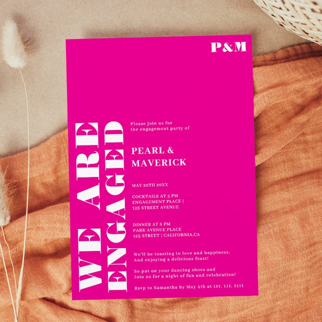 Convites Bold simples festa de noivado de casamento rosa (Bold simple neon pink wedding engagement party invitation)
