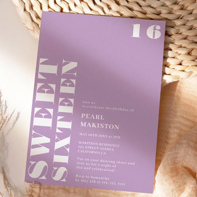 Convites Bold, simples lavanda branca, doce, 16 anos (Bold simple white lavender sweet 16 birthday invitation)