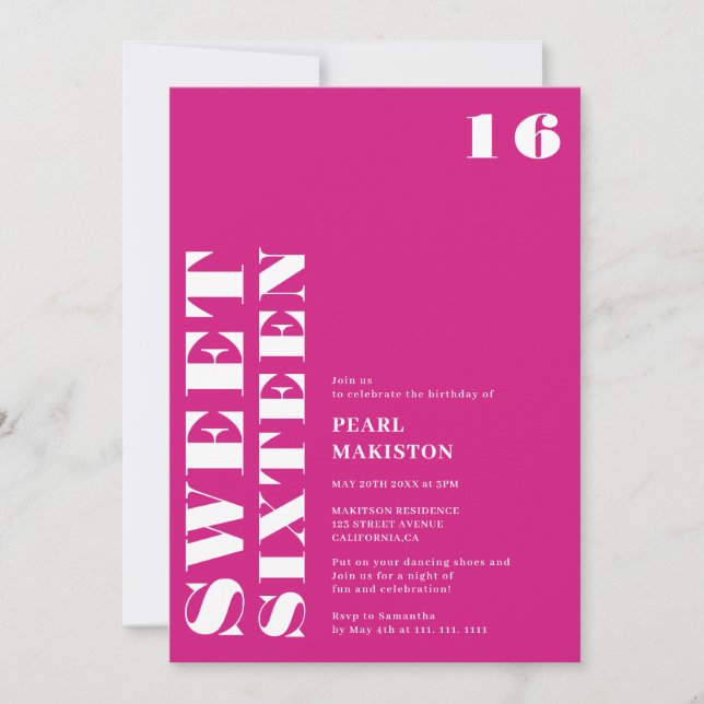Convites Bold, simples neon, rosa, doce, 16 anos (Frente)