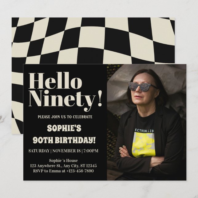 Convites Bold Typografia Black Modern Ninety 90 Birthday (Frente/Verso)