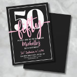 Convites Bold Typografia Rosa 50º Aniversário Moderno<br><div class="desc">Introduzindo um simples e moderno convite de aniversário 50º, perfeito para celebrar esse marco no estilo. O elegante design apresenta um fundo preto em negrito com um "50" proeminente no topo. Abaixo, "50" é elegantemente escrito em caligrafia de script, acrescentando um toque de sofisticação. O texto em todo o convite...</div>