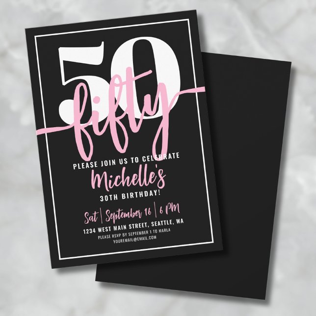 Convites Bold Typografia Rosa 50º Aniversário Moderno (Fifty Modern Black 50th Birthday Party Invitation)