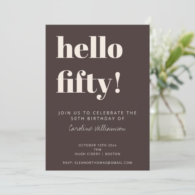 Convites Bold Typography Brown Modern 50th Birthday Party (Em pé/Frente)