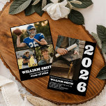 Convites Bold Typography Photo Graduation Invite<br><div class="desc">Announce his big day with this "Modern Bold Typographic" graduation invitation. Featuring a striking vertical "2026" layout and a full-height senior portrait on campus. This masculine,  high-contrast design in black and white is perfect for high school or college graduates. A sophisticated choice for those seeking a contemporary,  minimalist announcement.</div>