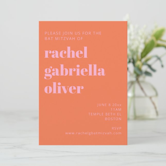 Convites Bold Typography Pink and Orange Modern Bat Mitzvah (Em pé/Frente)