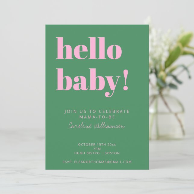 Convites Bold Typography Pink Green Modern Baby Shower (Em pé/Frente)
