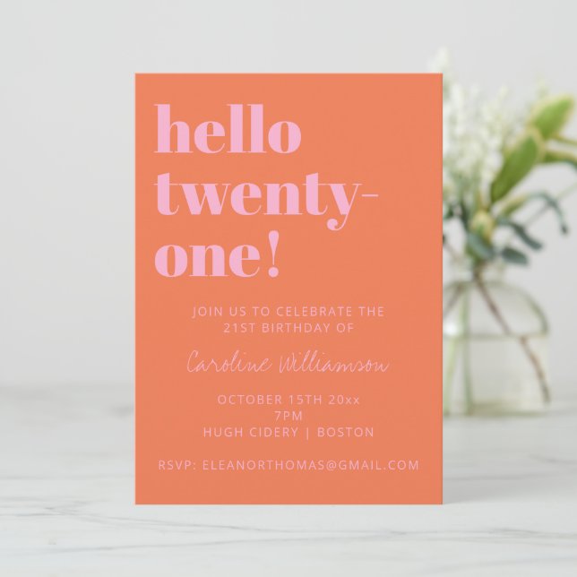 Convites Bold Typography Pink Orange Modern 21st Birthday (Em pé/Frente)