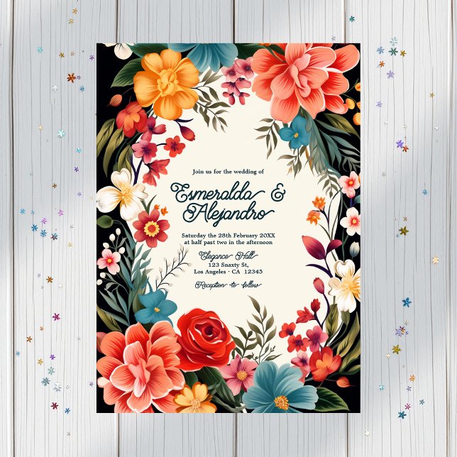 Convites Bold Vibrant Floral Fiesta Casamento Foto e Código (Bold Vibrant Floral Fiesta Wedding Photo & QR Code Invitation)
