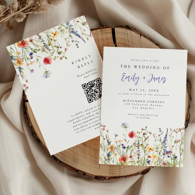 Convites Bold Watercolor Spring Wildflower QR Code Wedding (Criador carregado)