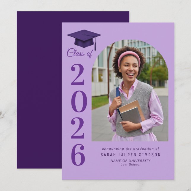 Convites Bold year purple graduation photo announcement (Frente/Verso)
