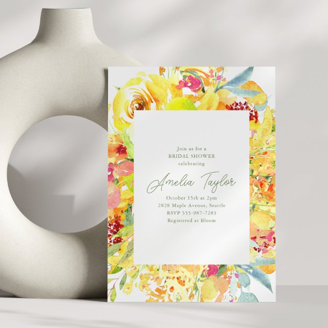 Convites Bold Yellow Watercolor Floral Bridal Shower (Criador carregado)
