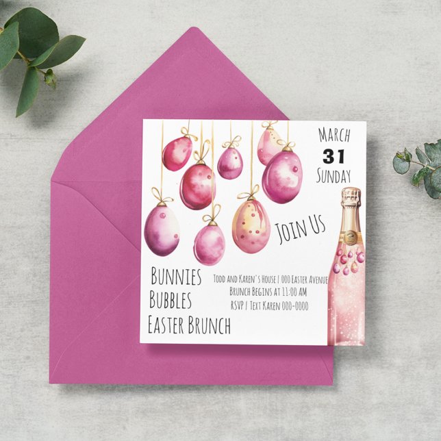 Convites Bolhas, Bunnies e Brunch de Páscoa (Customizable Easter Brunch invitation with pink and yellow Easter eggs and bubbly. )