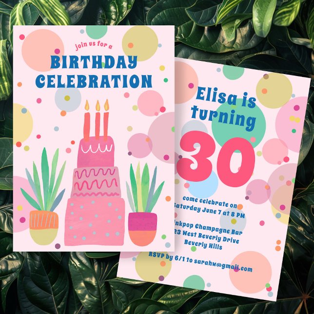 Convites Bolhas de Bolo Rosa Personalizadas para FESTA DE A (Pink Cake Bubbles Whimsical BIRTHDAY PARTY Custom Invitation
)