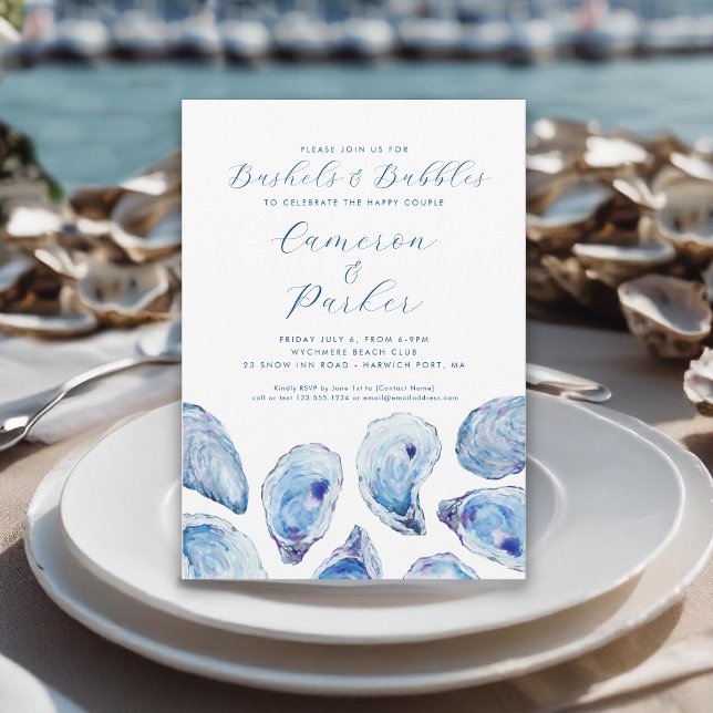 Convites Bolhas de Ostra Blue Watercolor (Bushels and Bubbles Oyster Roast Invitation with blue watercolor oyster shells from Concertina Press)
