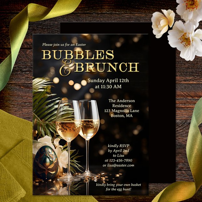 Convites Bolhas de Páscoa Elegante e Brunch (Stylish and festive Easter Bubbles & Brunch invitation showing two glasses of sparkling wine and egg)