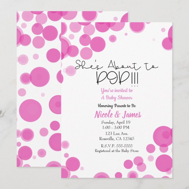 Convites Bolhas de Pontos Polka Rosa e Branco Ela Está Pres (Frente/Verso)