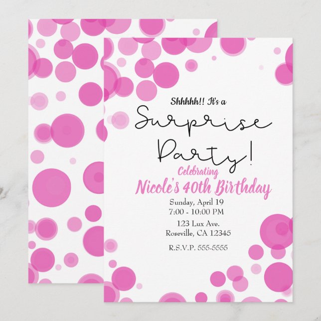Convites Bolhas de Pontos Polka Rosa e Branco Festa Surpres (Frente/Verso)